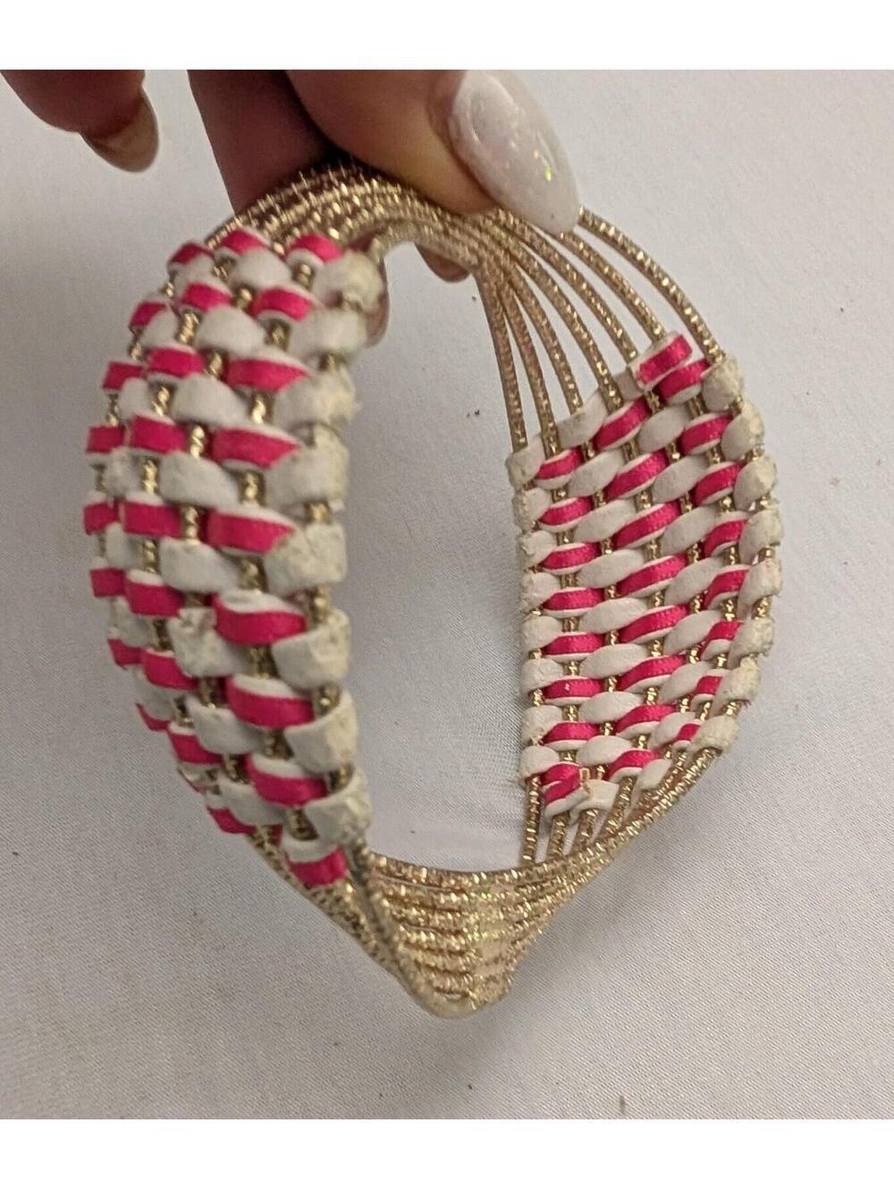 80's Geometric Glamour Pink White Gold Tone Woven Bangle Bracelet